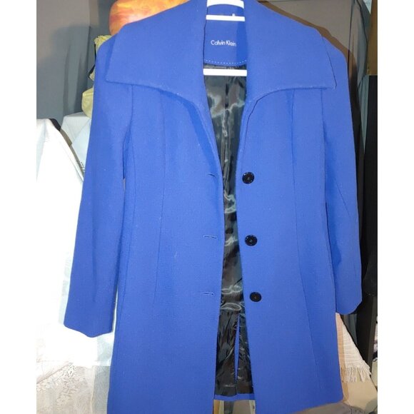 Calvin Klein Size 2 Wool Blue Coat Jacket Women Button And Tie Waist Pockets - Picture 7 of 9